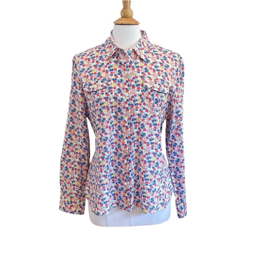 Tommy Hilfiger Red Blue Floral Print Button Down Shirt, Roll Tab, Casual, XL